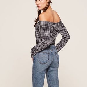 Reformation navy gingham off the shoulder top